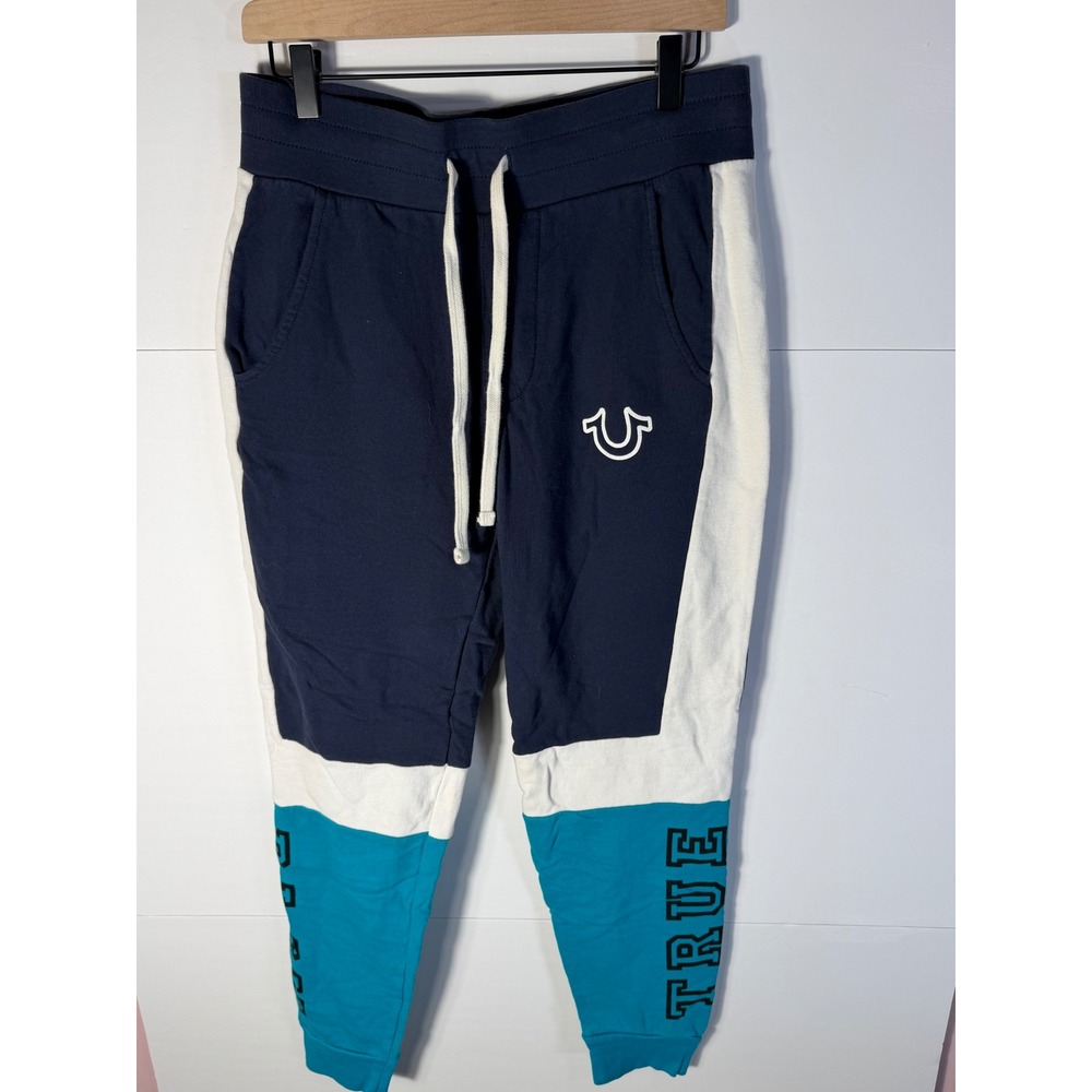 True Religion Mens Colorblock Jogger Sweatpants Navy Blue Teal White Small